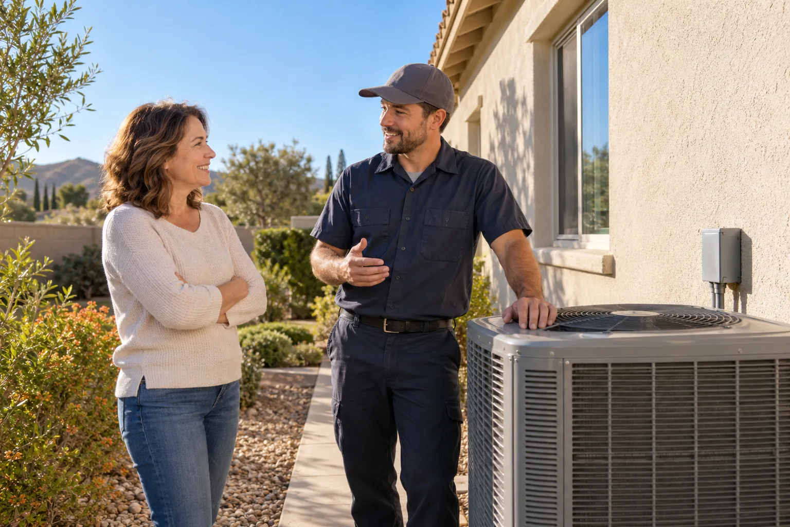 A homeowner in Vallejo talking with a friendly HVAC provider beside an outdoor AC unit